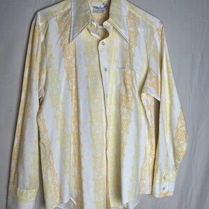 Vtg Marlboro Yellow Orange Stripe Button Up Shirt Butterfly Collar Disco